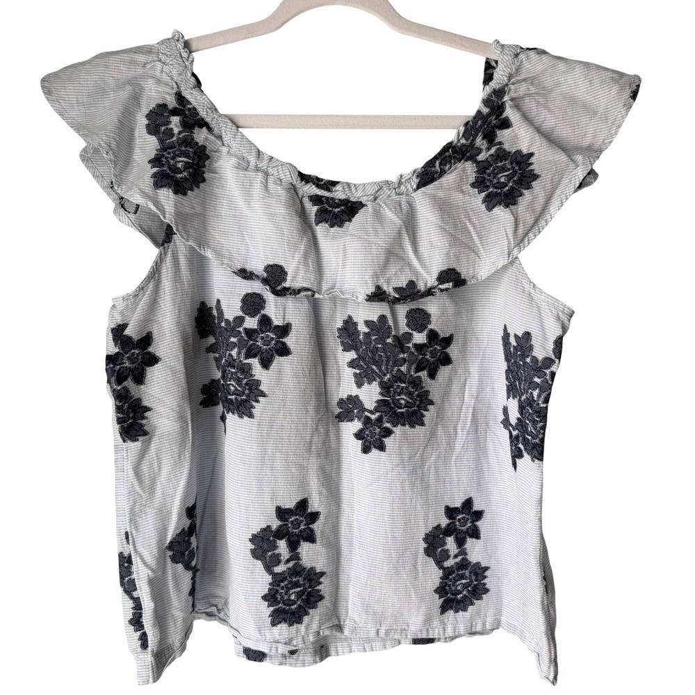 J. Jill Ruffled Neckline Top Blue Stripe Floral Embroidery 100% Cotton MP Petite